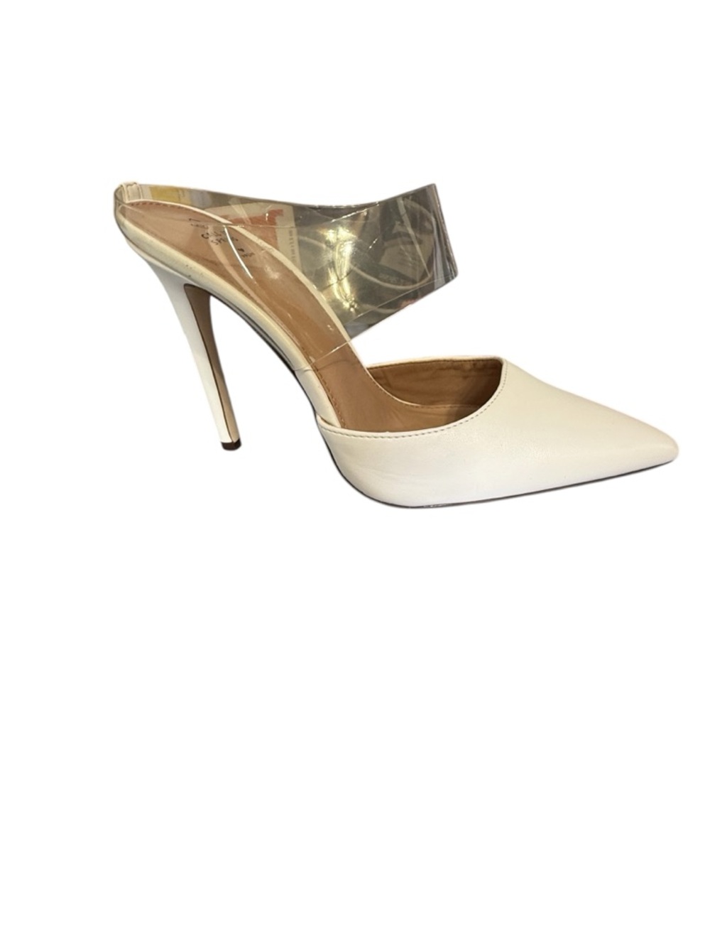 Call It Spring White Vegan Pointed Stiletto Mule with Clear Strap